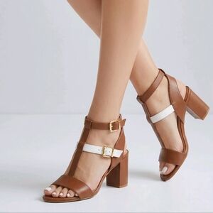 Logo by Lori Goldstein Cognac Brown Block Heeled T-Strap Sandals